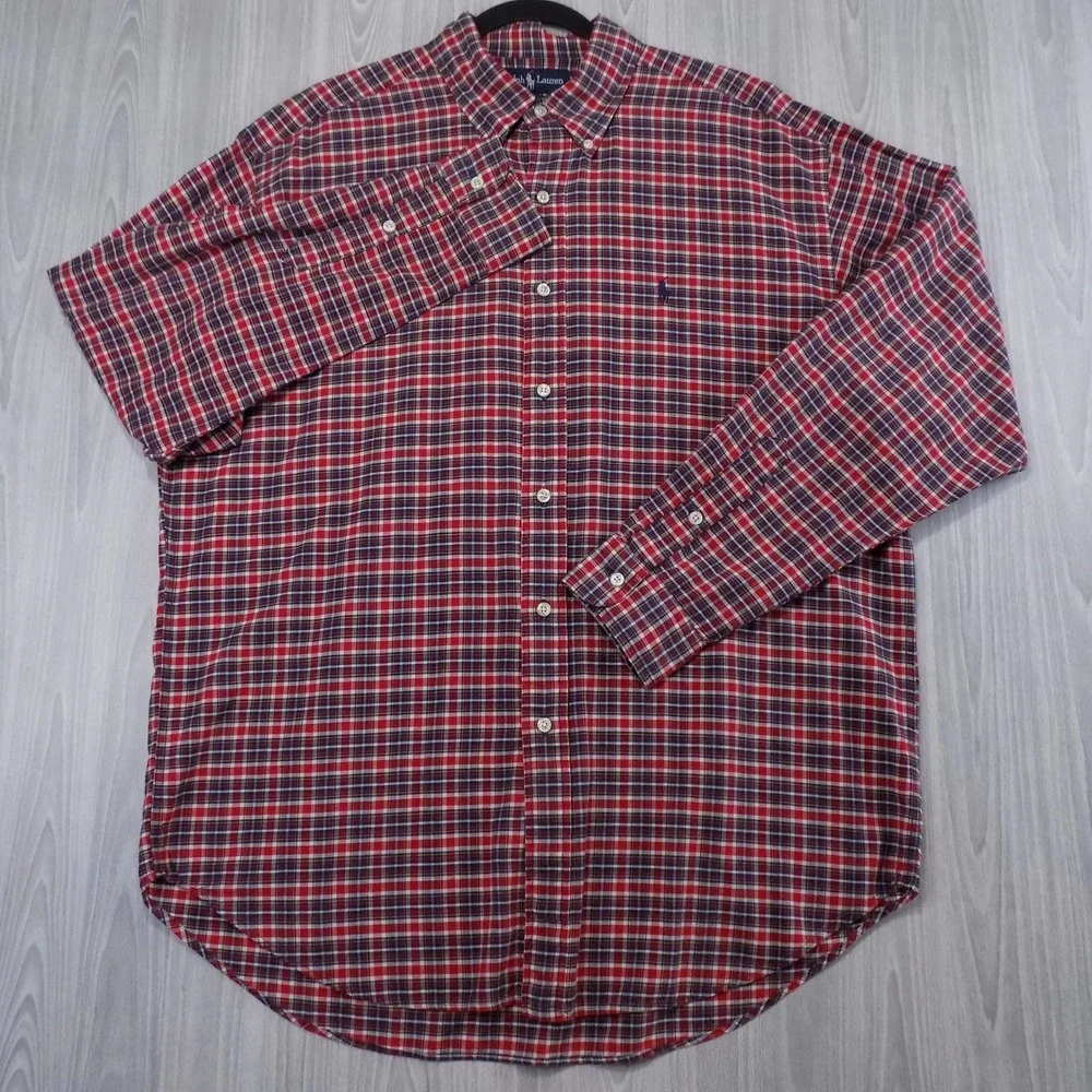 Ralph Lauren Blaire Mens Large Red Navy Plaid Cotton Button Down Shirt L 0317